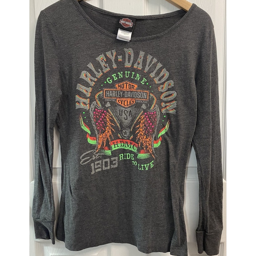 Harley Davidson Long Sleeve Women Graphic Ride to Live Wings T-shirt Sz.M Boston